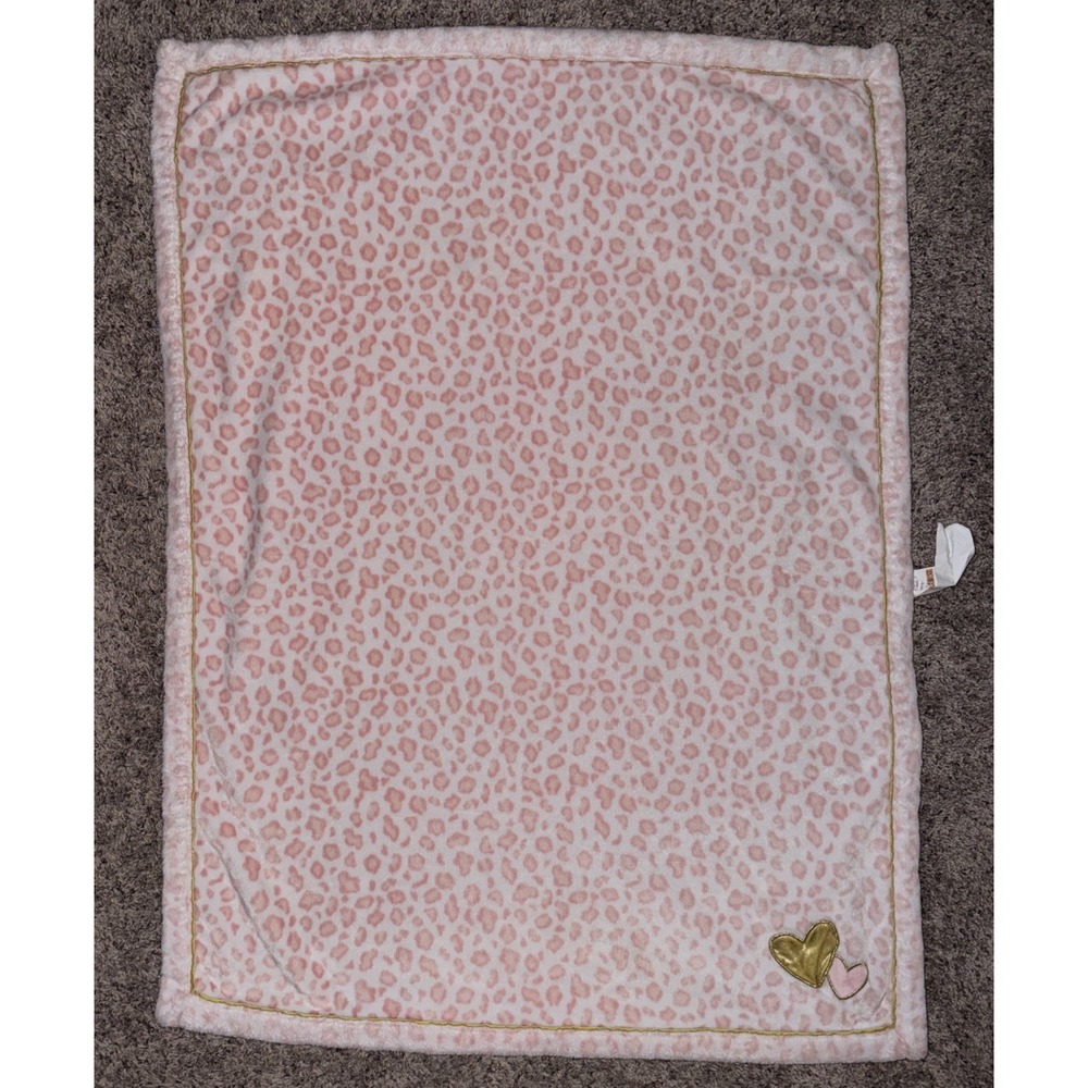 Just Born Pink White Cheetah Leopard Print Gold Hearts Plush Fleece Baby Blanket
